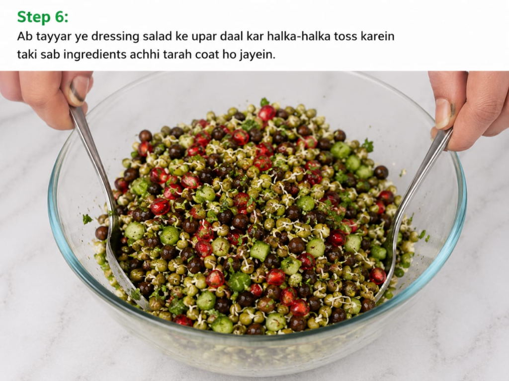 Sprout salad ko dressing ke saath halka-halka toss aur mix karte hue - Sprout Salad Recipe Step 6