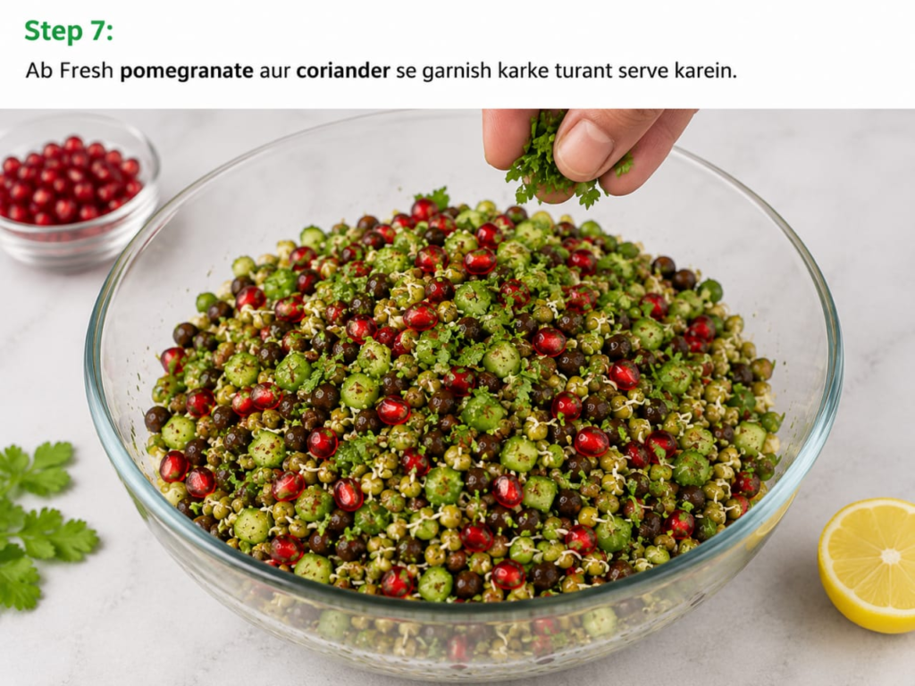 Fresh coriander aur pomegranate se garnish ki hui healthy sprout salad serve karte hue - Sprout Salad Recipe Step 7