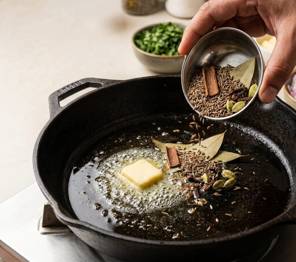 Ab ek pan me oil aur butter garam karein. Uske baad Cumin, bay leaf, cinnamon, cloves aur cardamom daal kar halka bhun lijiye.