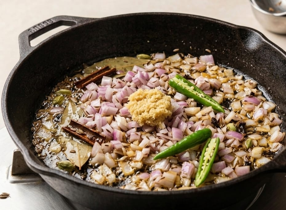 Ab chopped onion daal kar golden brown hone tak bhunein. Aur uske baad Ginger garlic paste aur hari mirch ko add karein.