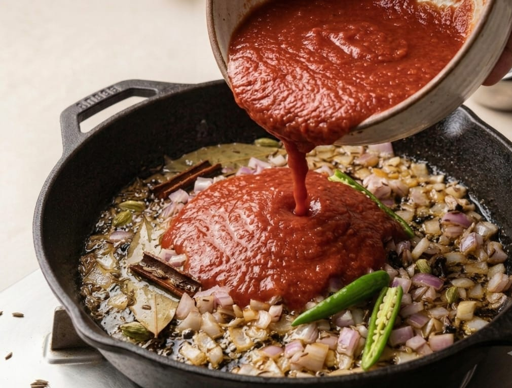 Ab Tomato puree ko daal kar 8–10 minute tak acche se pakayein jab tak masale ke upar rogan na aa jaye