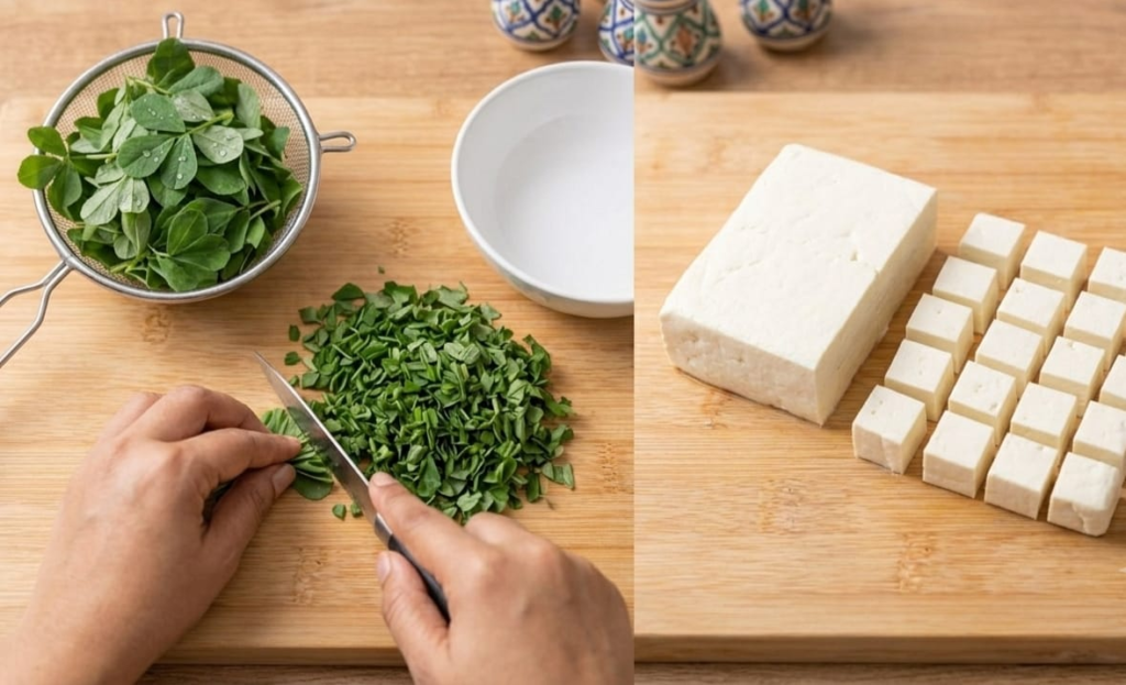 Sabse pahle aap Fresh Methi leaves ko achhi tarah dho kar barik kaat lijiye. Phir Paneer ko cubes me kaat lijiye