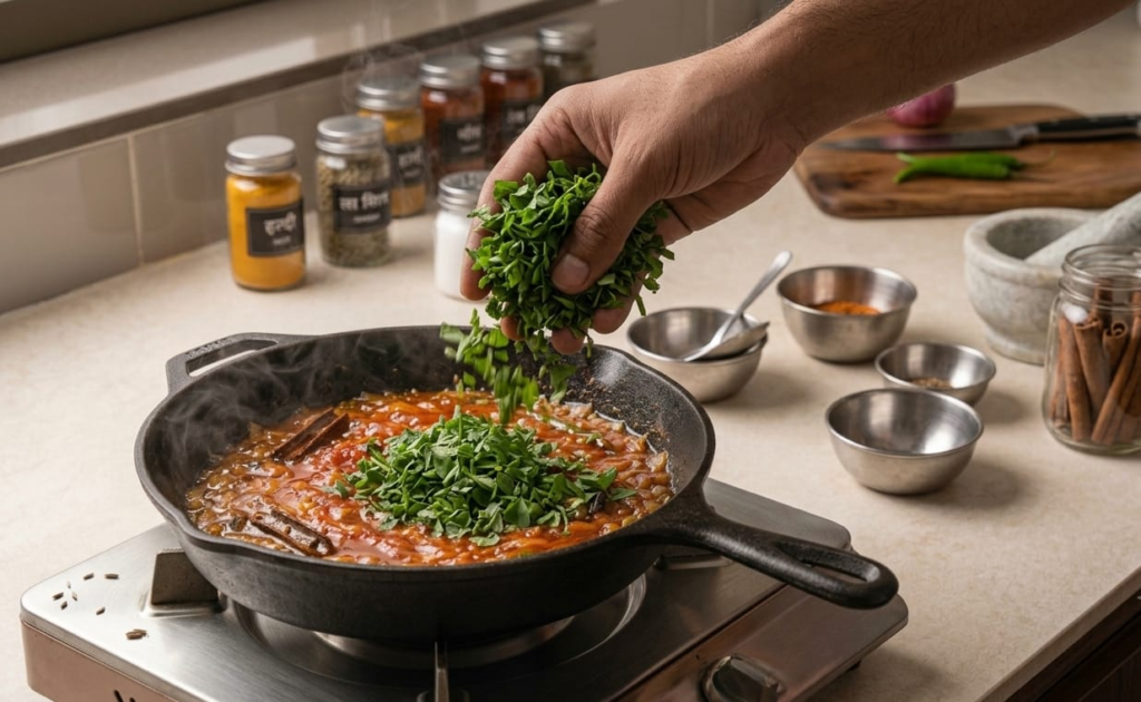 Ab Fresh methi leaves ko add karein aur phir 4–5 minute tak pakayein.