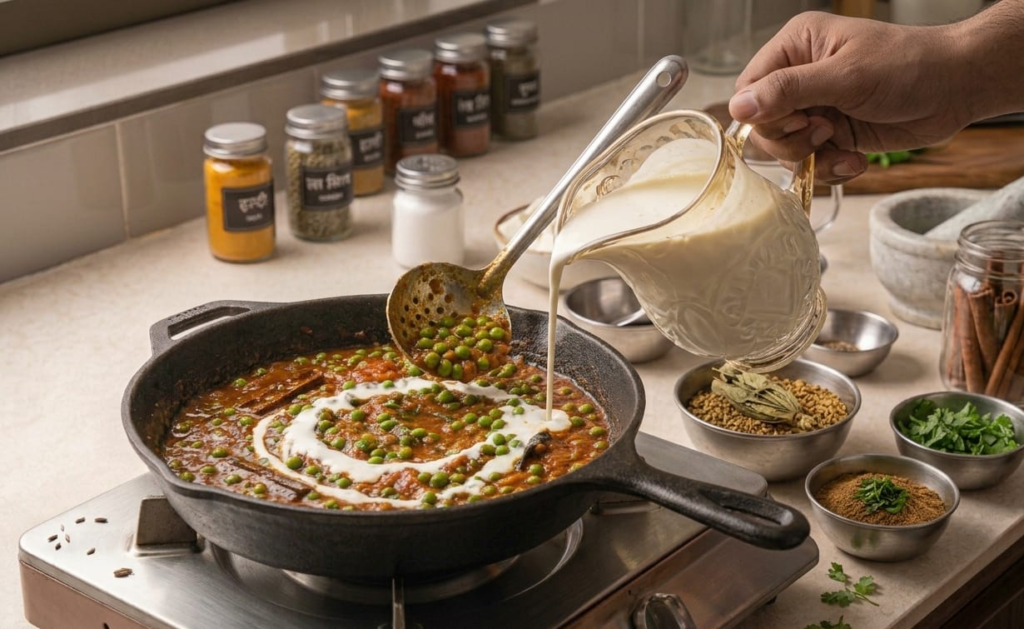 Ab Fresh cream, garam masala aur kasuri methi ko add karke 2 minute aur pakayein.