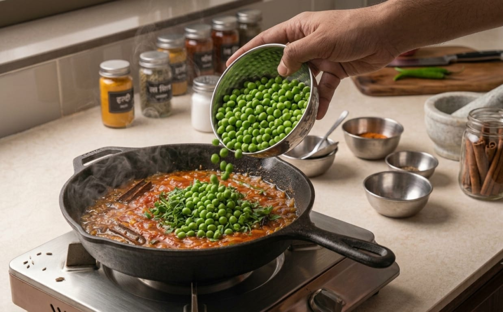 Ab Green peas ko daal kar 5 minute tak cook karein.
